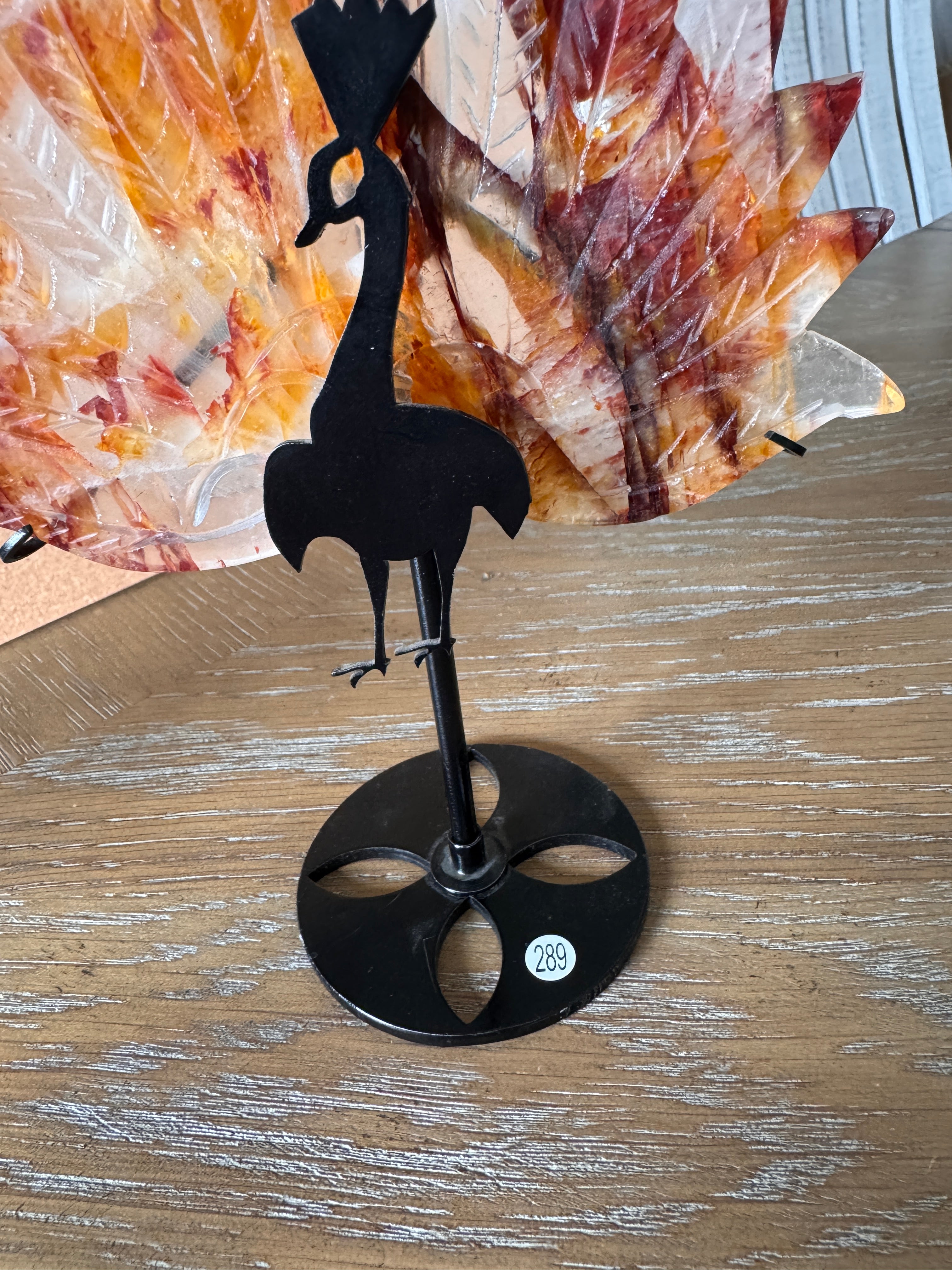 Golden Hematoid Quartz Peacock Carving on Metal Stand