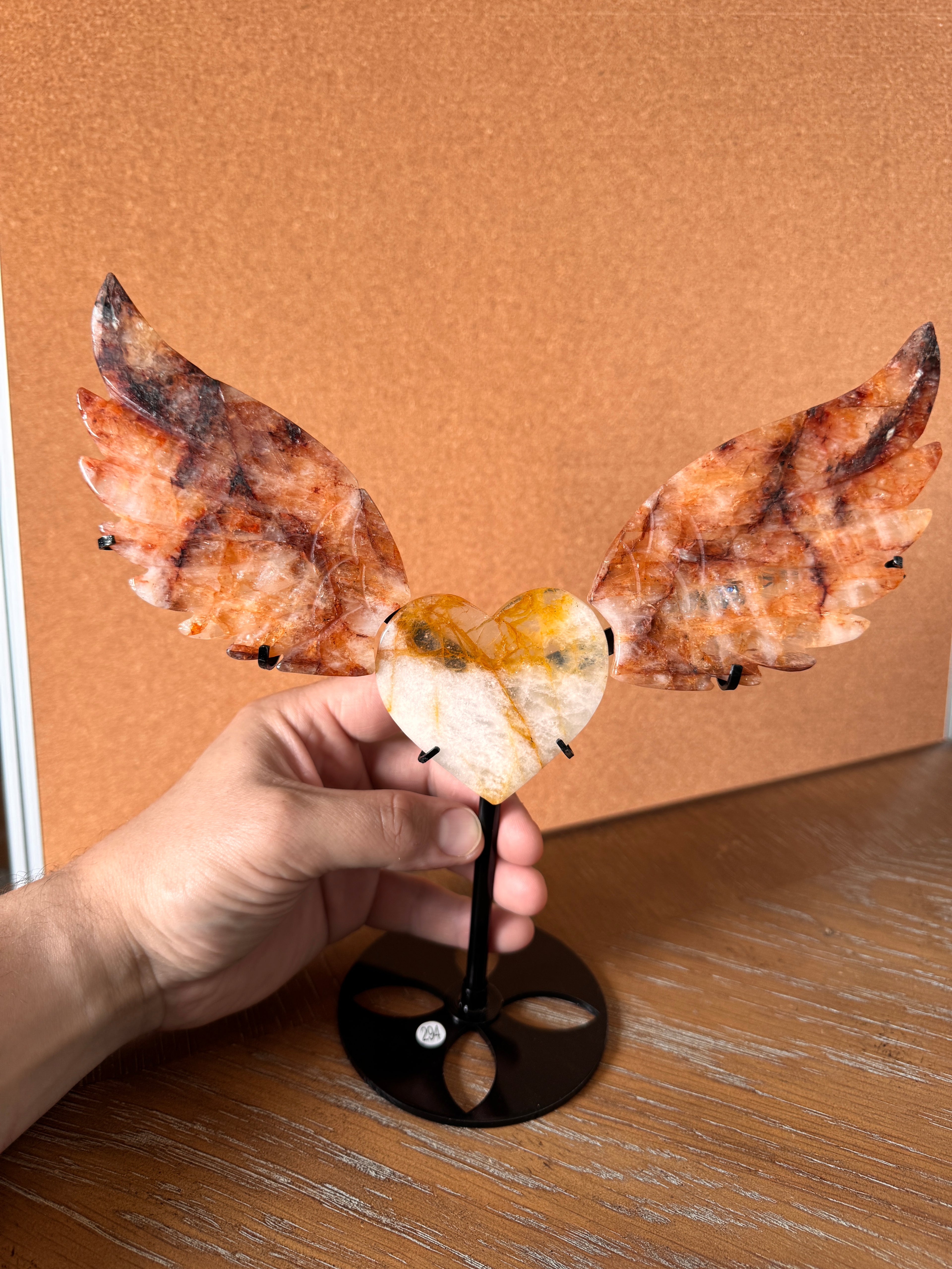 Golden Hematoid Quartz (Fire Quartz) Heart Wing Carving with Stand