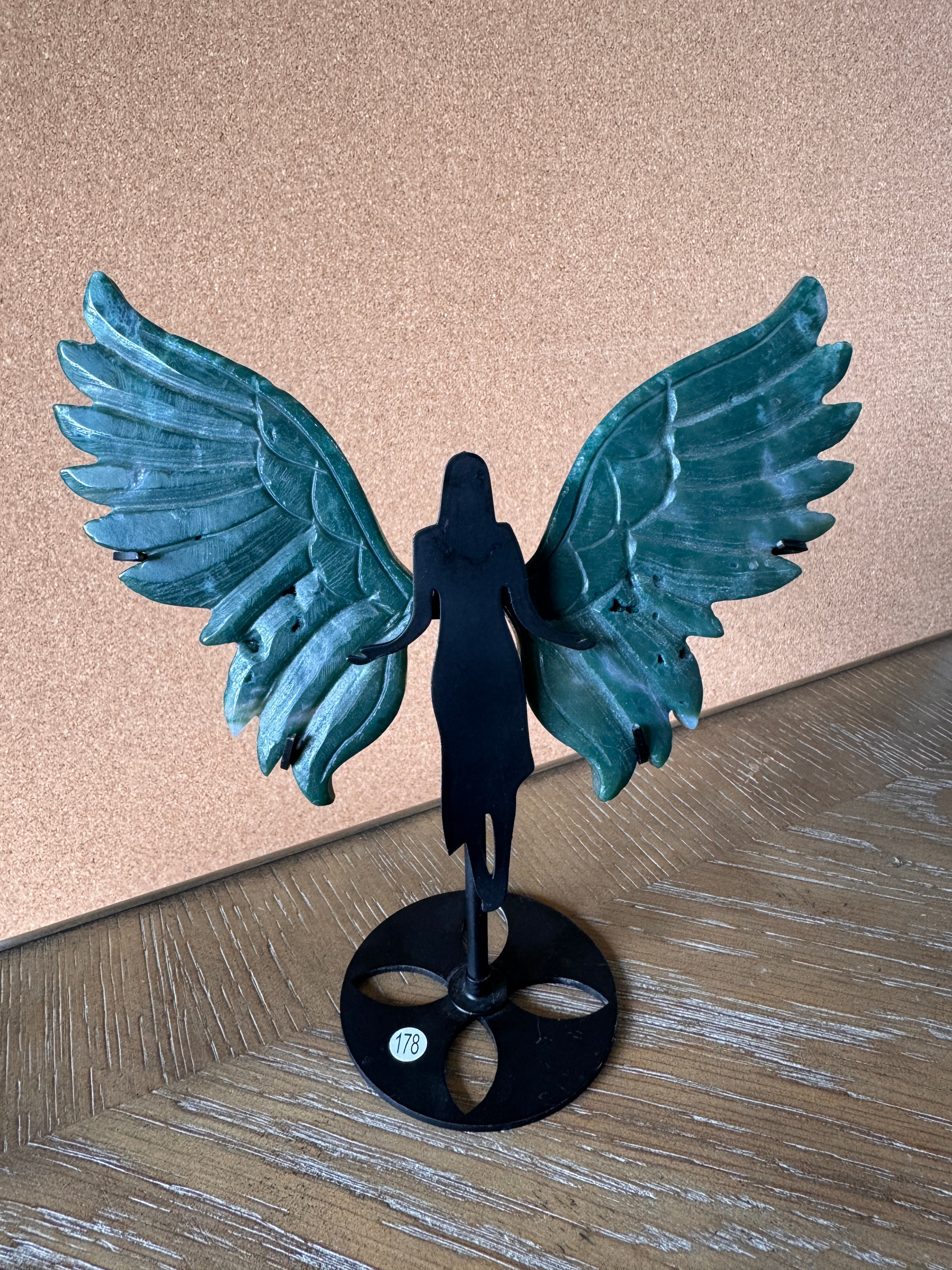 Green Jasper Angel Wings Carving with Stand