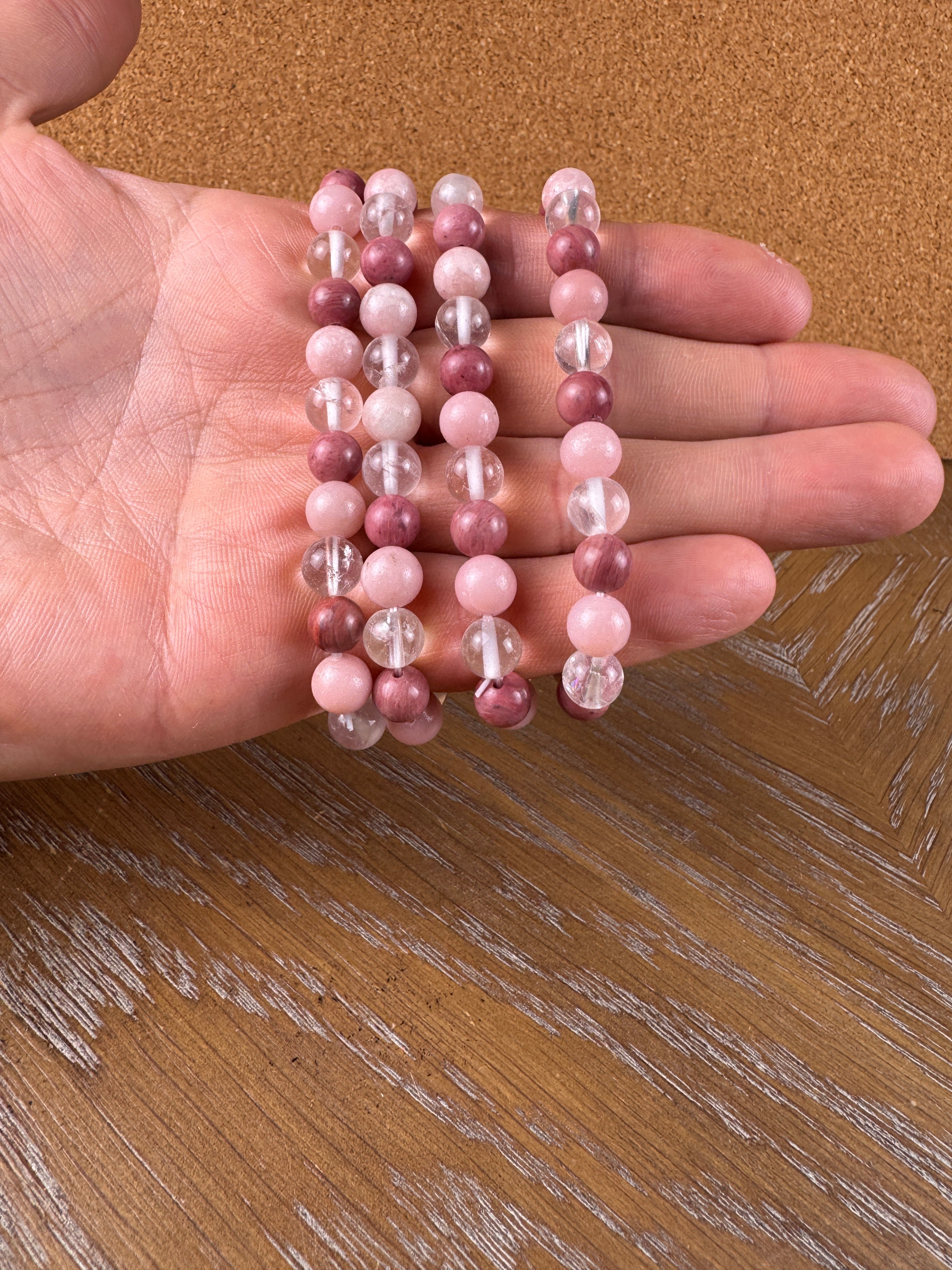 Clear Quartz Pink Opal Rhodonite Bracelet