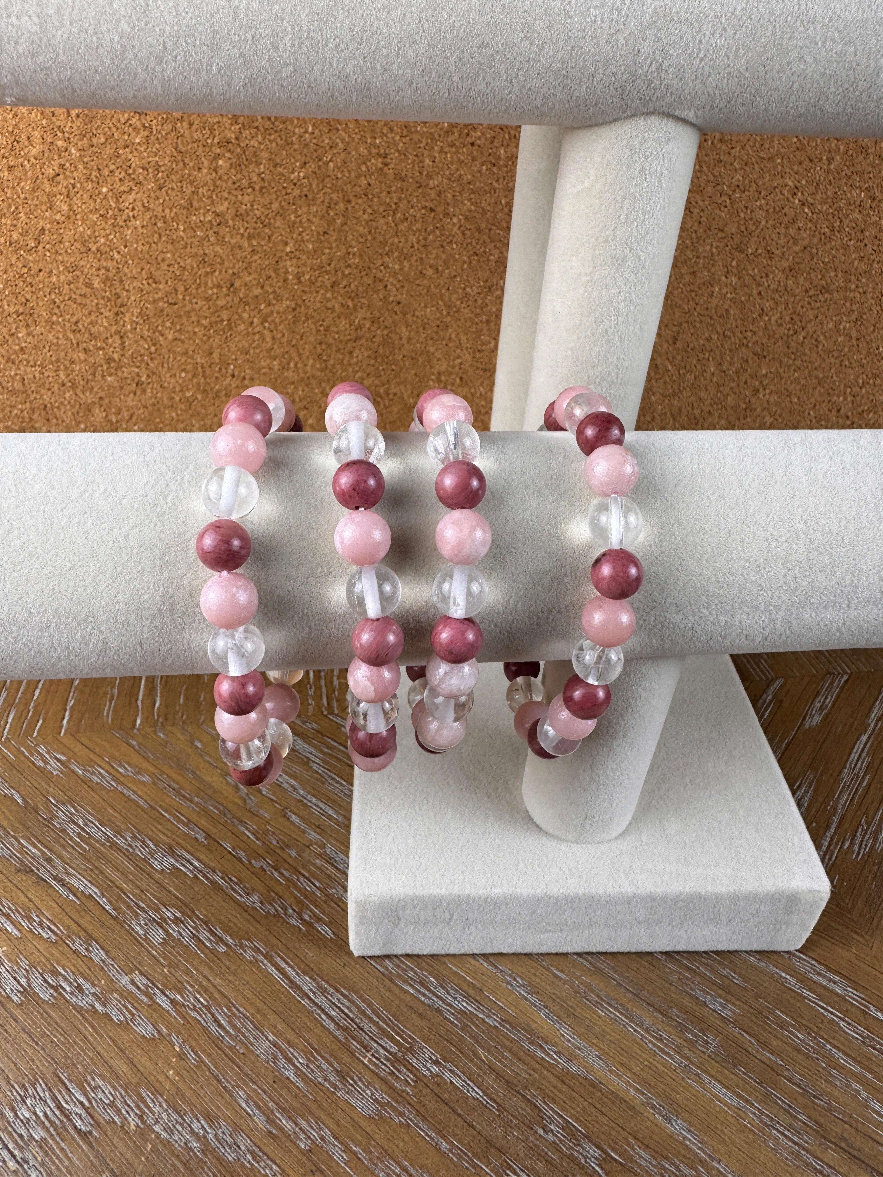 Clear Quartz Pink Opal Rhodonite Bracelet