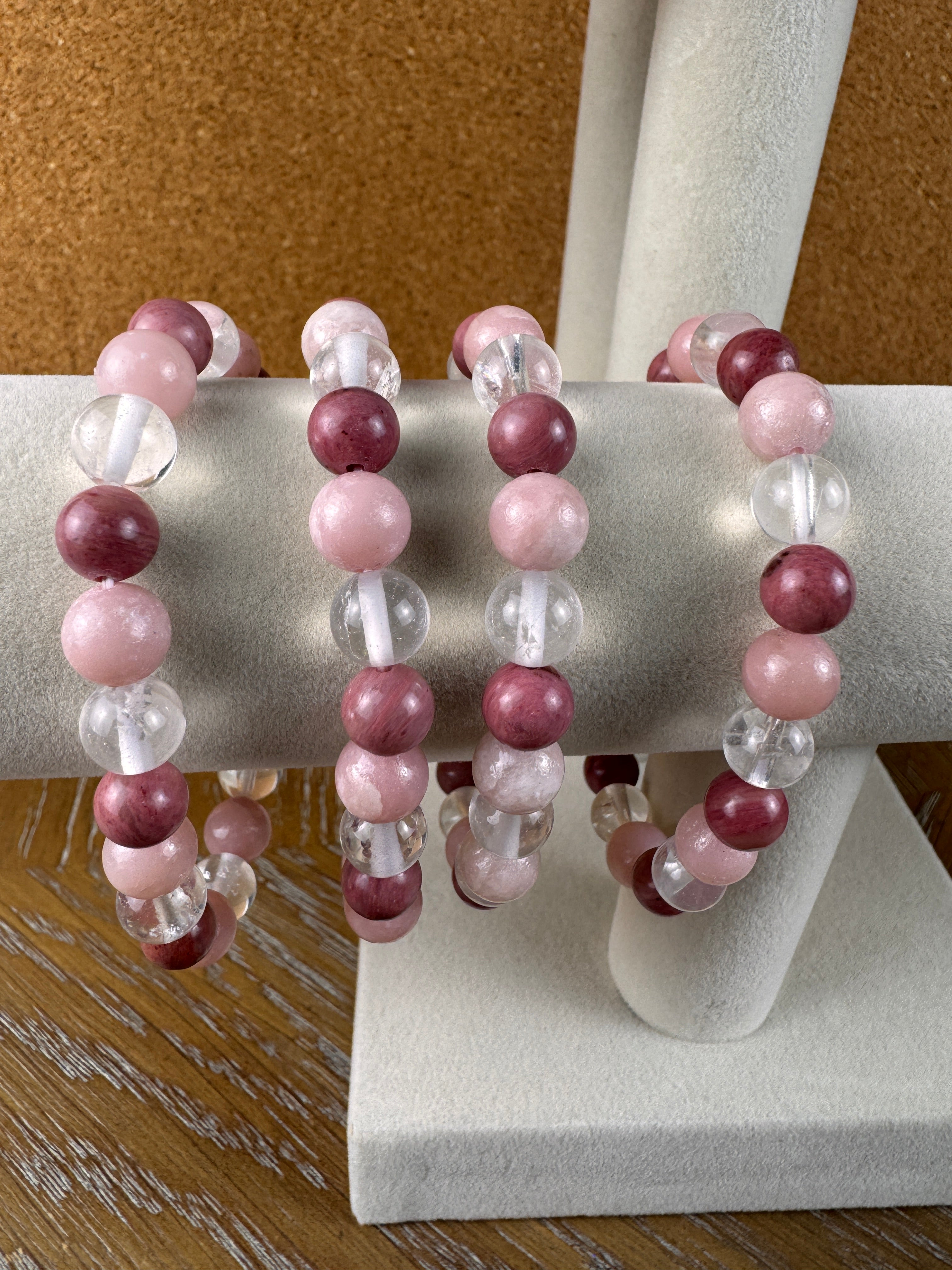 Clear Quartz Pink Opal Rhodonite Bracelet