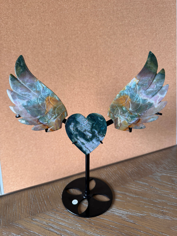 Ocean Jasper Heart Wing Carving with Stand