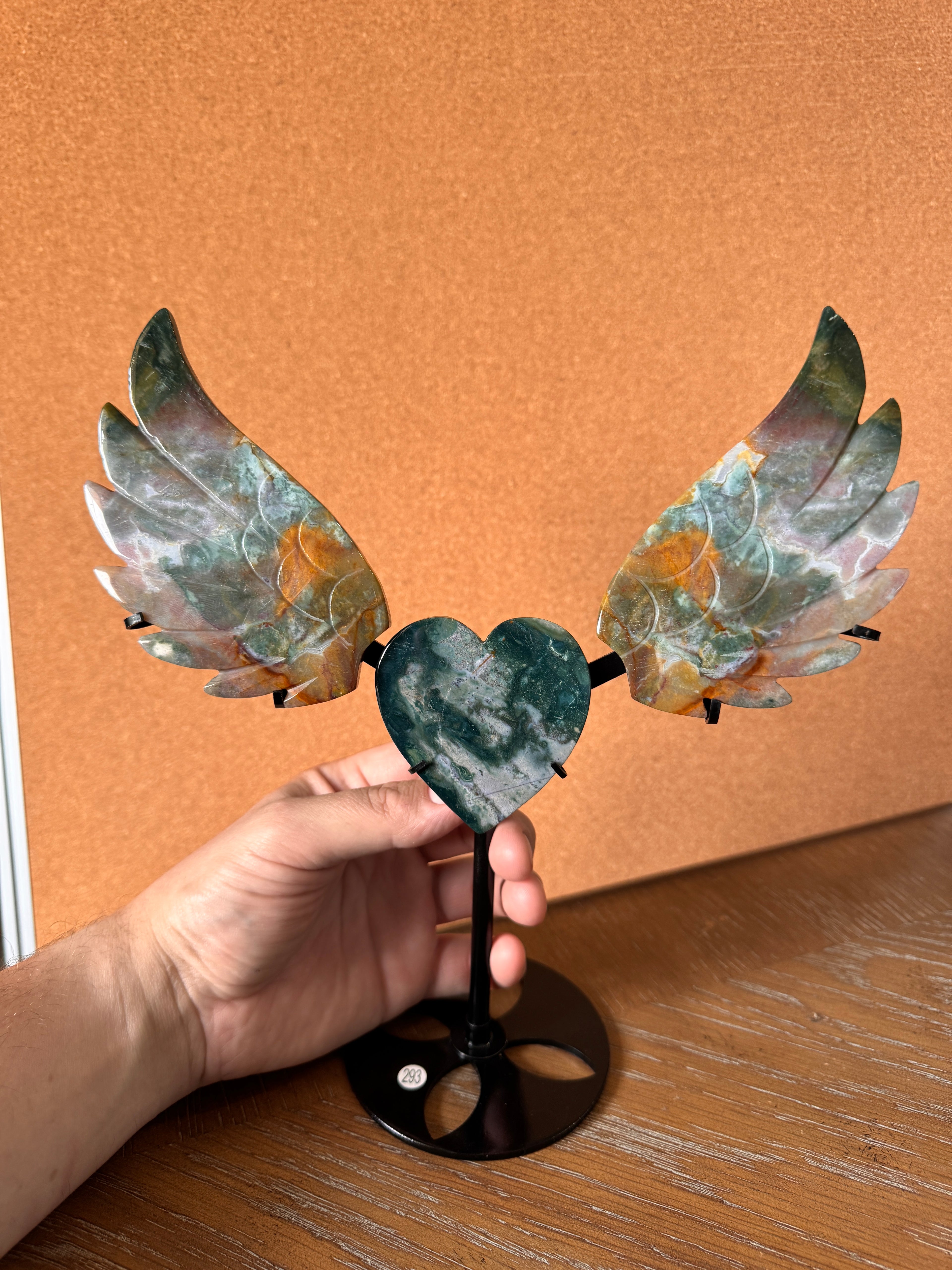 Ocean Jasper Heart Wing Carving with Stand