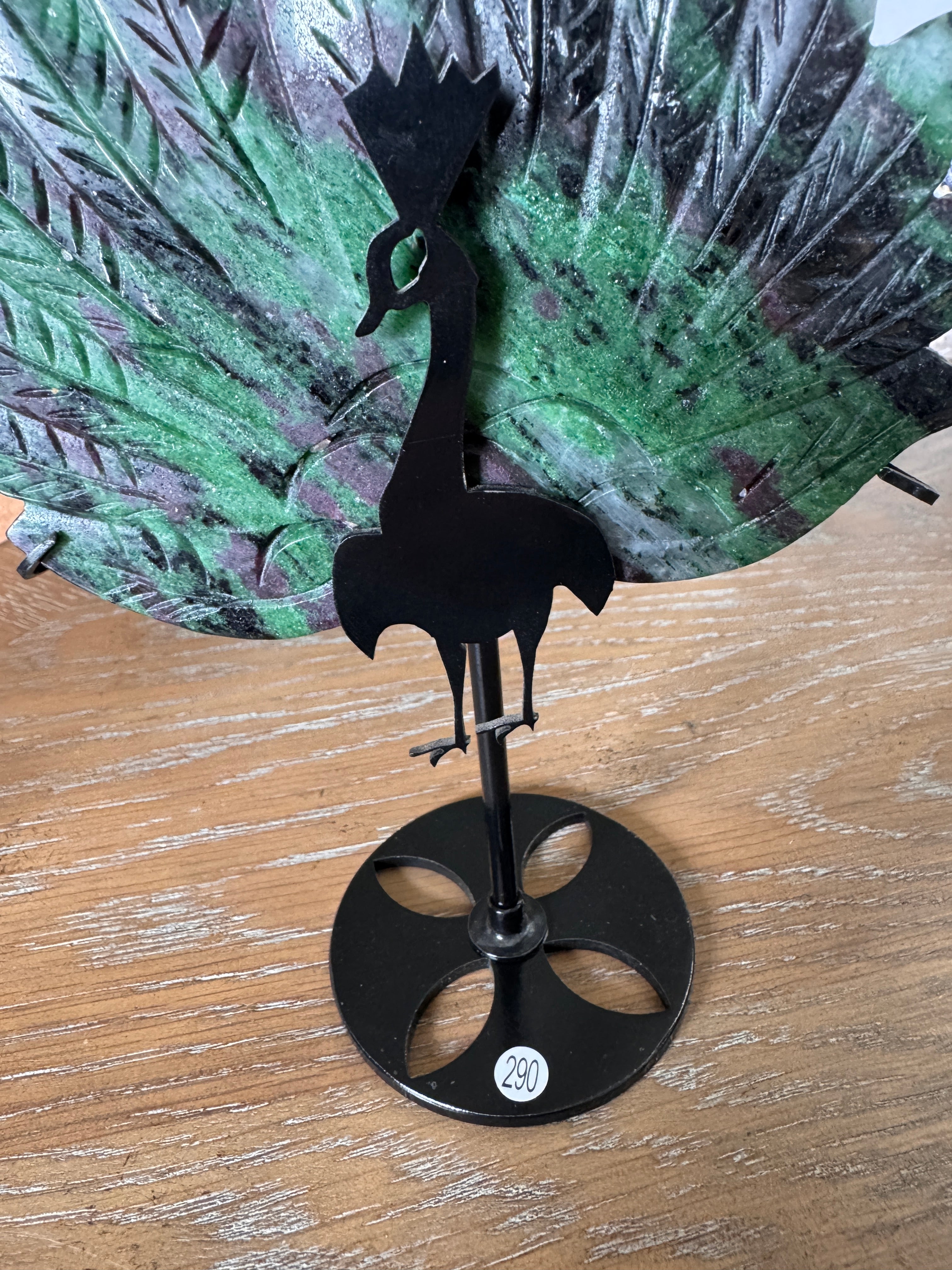 Ruby Zoisite Peacock Carving on Metal Stand