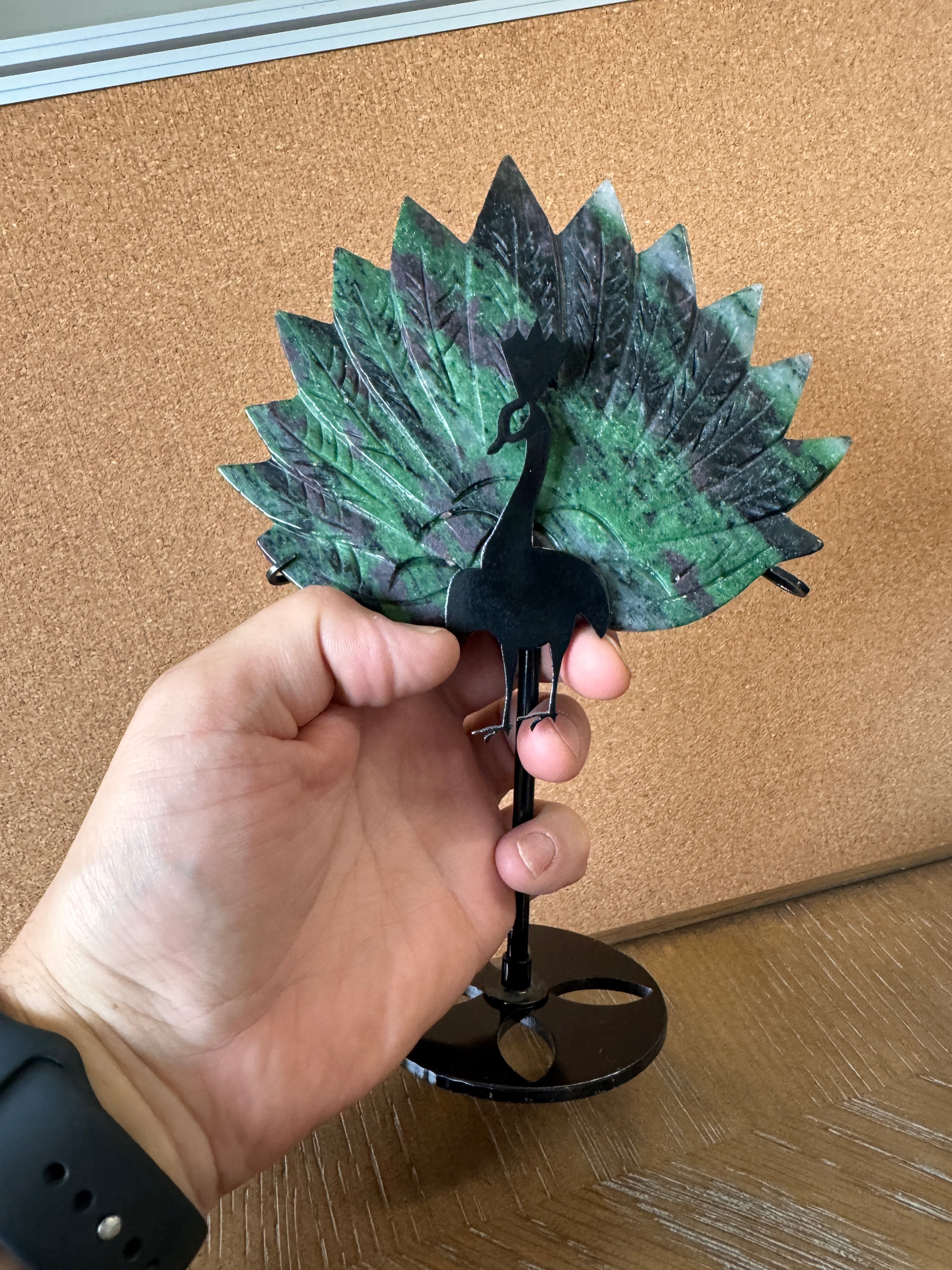 Ruby Zoisite Peacock Carving on Metal Stand