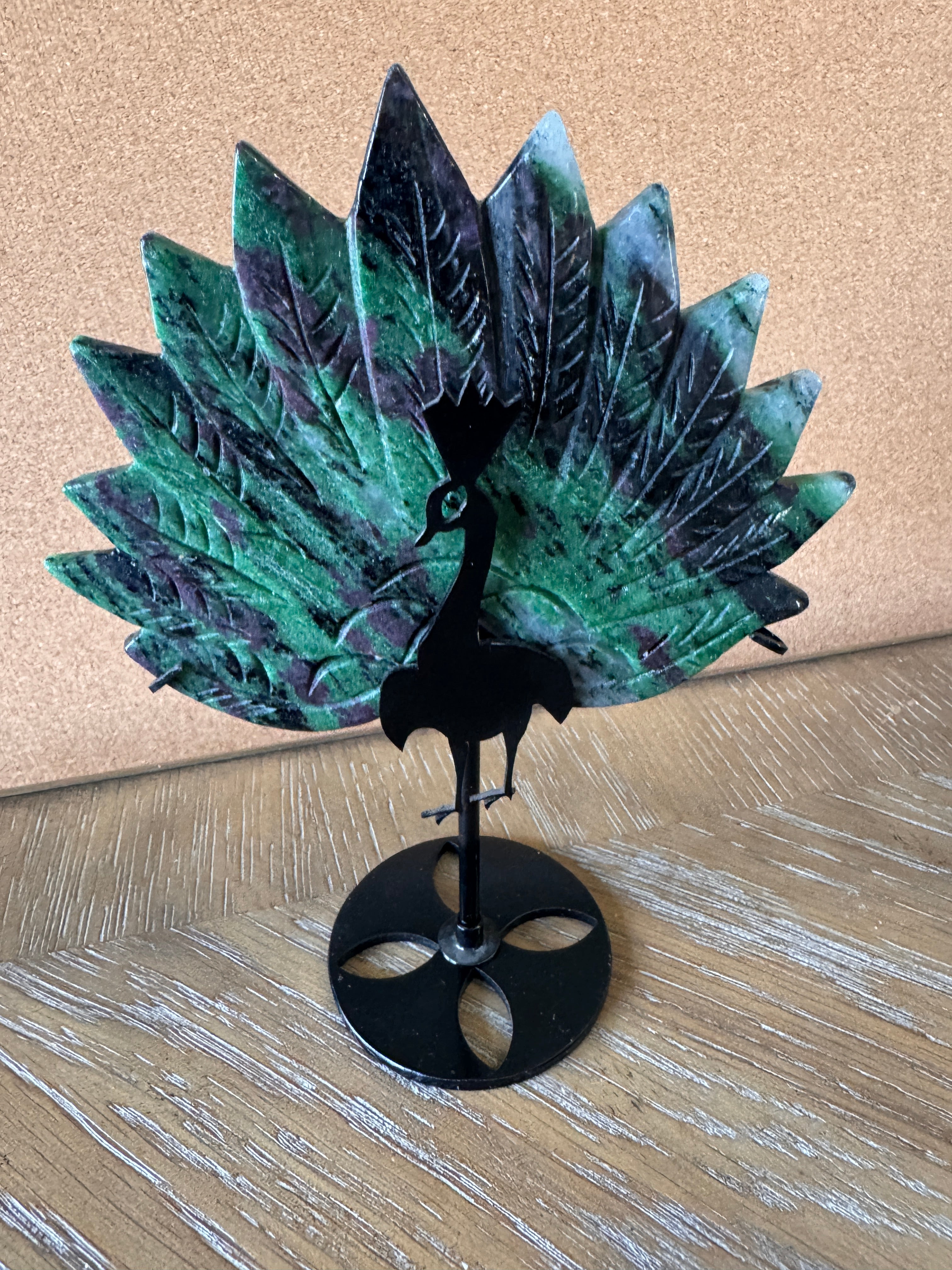 Ruby Zoisite Peacock Carving on Metal Stand