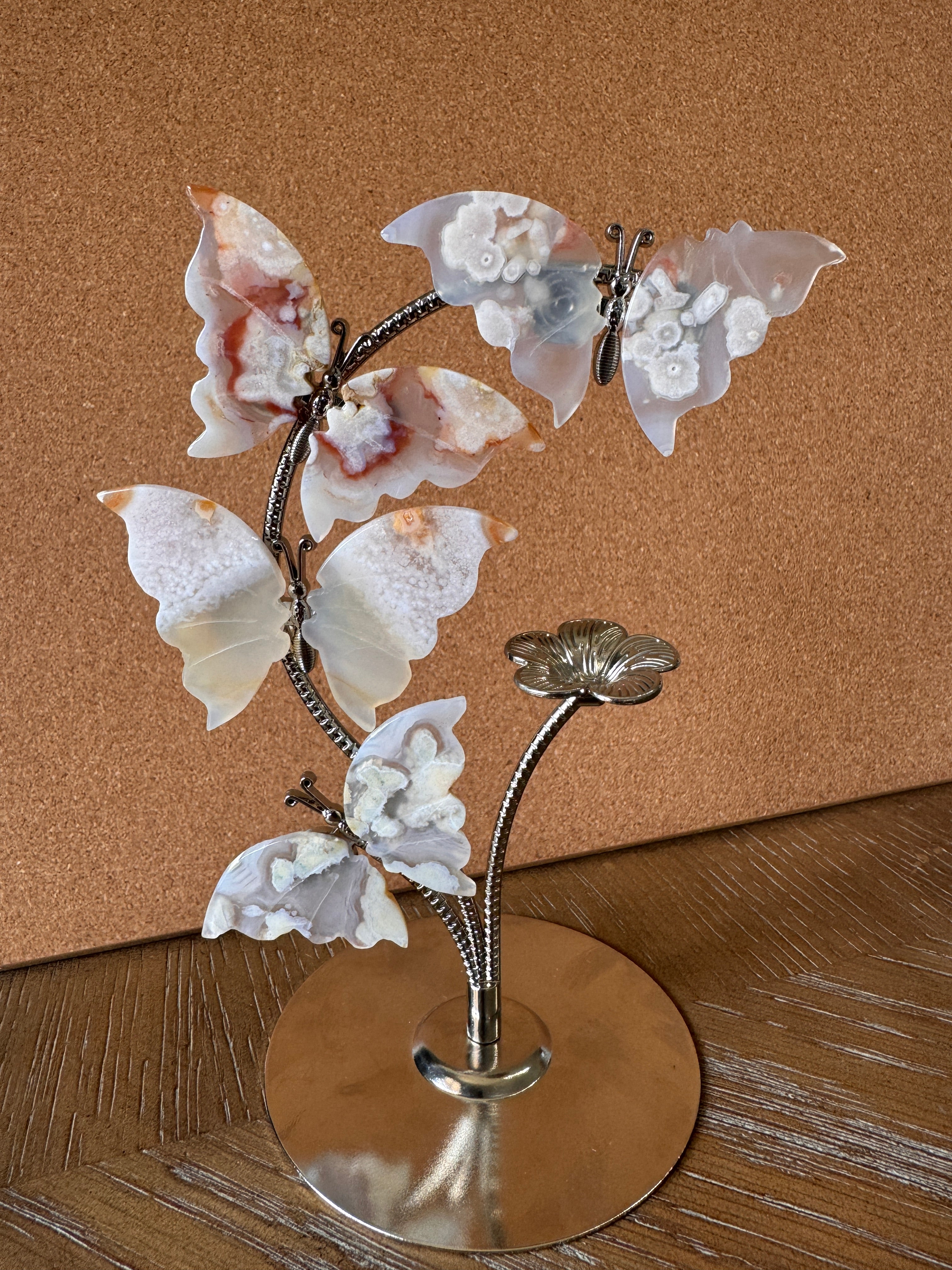 Sakura Flower Agate Butterfly Flower Carving With Stand