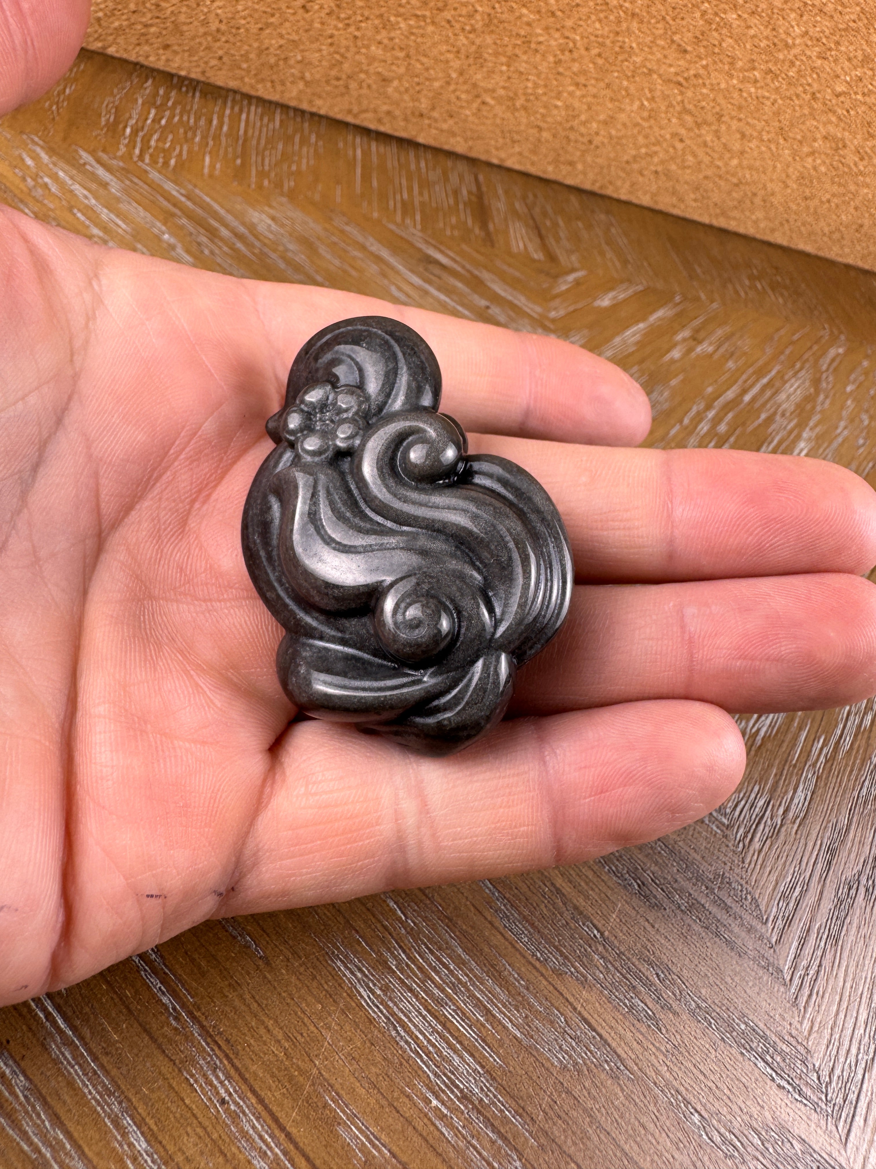 Silver Sheen Obsidian Nine-tailed Fox Carving