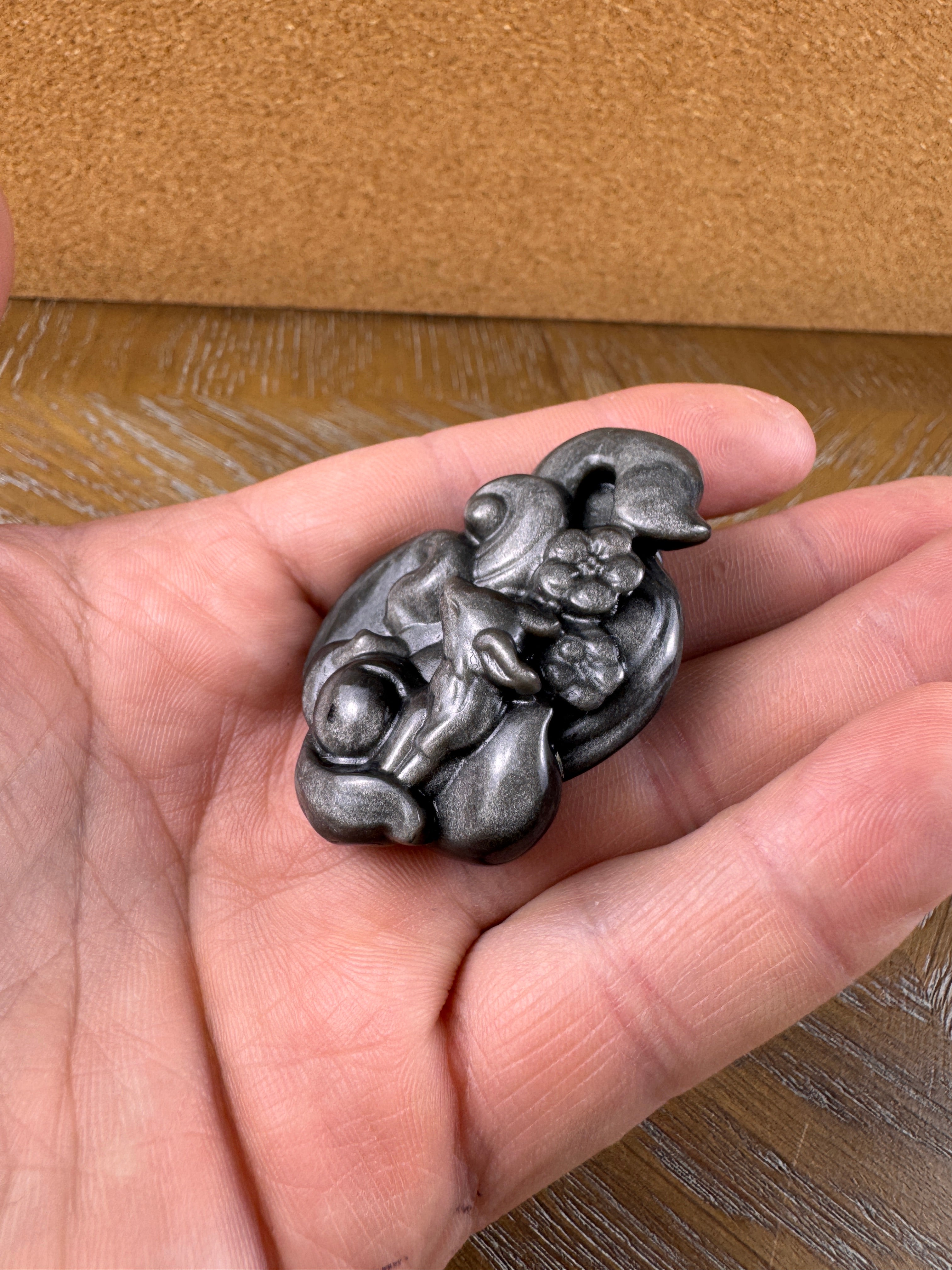Silver Sheen Obsidian Nine-tailed Fox Carving