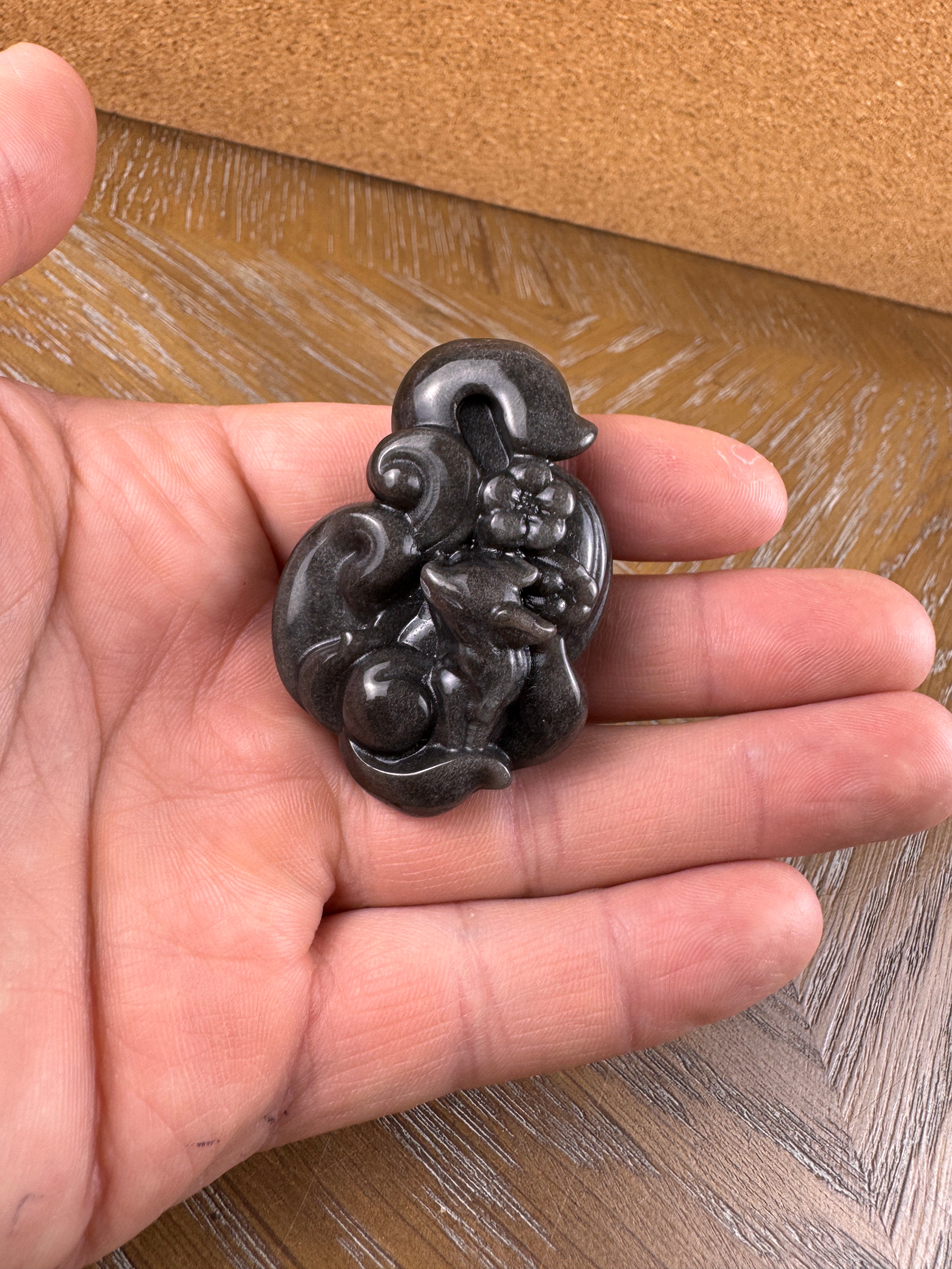 Silver Sheen Obsidian Nine-tailed Fox Carving
