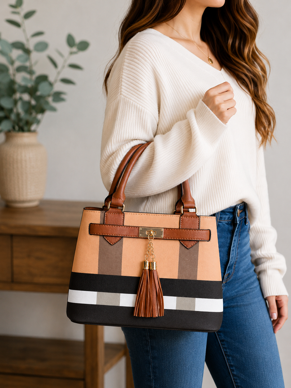 The Foxberry Classic Plaid Satchel Handbag with Matching Wallet
